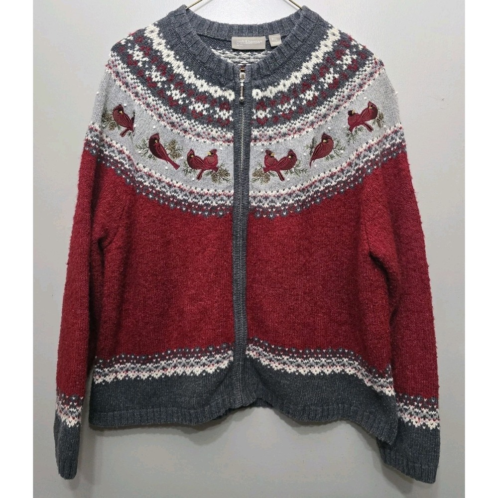 Croft & Barrow Womens Cardinal Bird Fair Isle Zip Up Knit Sweater Christmas PXL